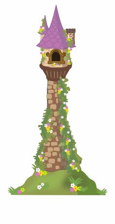 a tall tower with a purple roof and flowers growing on it's sides, surrounded by greenery