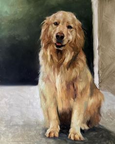 a painting of a golden retriever sitting in front of a door