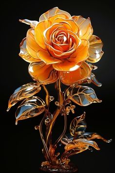 an orange rose is sitting in a glass vase on a black background with leaves and stems