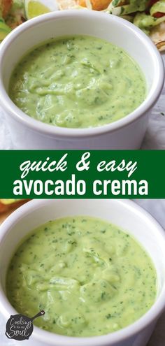 two white bowls filled with guacamole and easy avocado crema