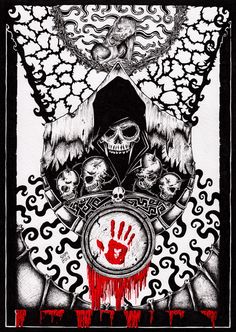 a black and white poster with a red hand on it's face, surrounded by skulls