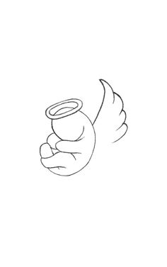 a drawing of a hand holding a cup with an angel on it's wing