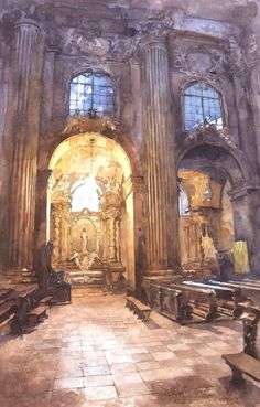 an artistic painting of a church with benches