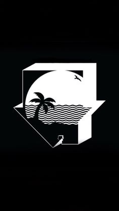 an abstract black and white logo with palm trees on the beach in front of a full moon