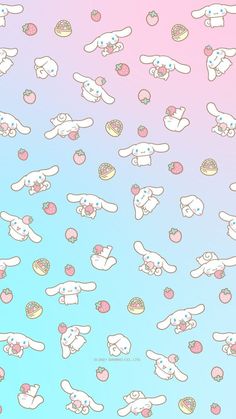 many different types of stuffed animals on a blue and pink background with donuts in the air