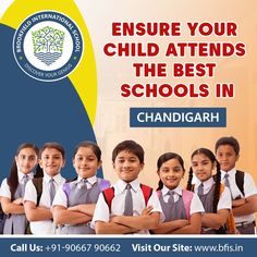 children in school uniforms with the words ensure your child attends the best schools in chandigarh