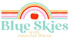 the logo for blue skies with a rainbow and apple in the center, on top of it