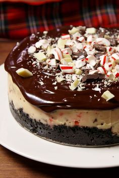 a chocolate cake with white and red candy canes on top sitting on a plate