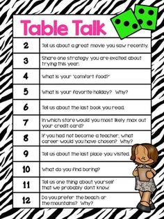 a zebra printable table talk sheet with two dices