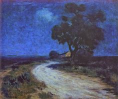 a painting of a dirt road with a house in the distance and trees on either side