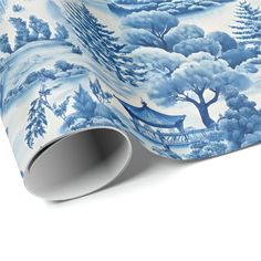 a blue and white wallpaper with trees on it