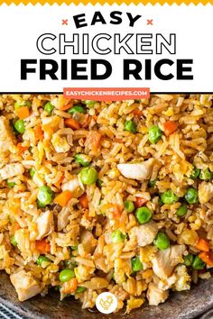 an easy chicken fried rice recipe in a bowl with peas and carrots on the side