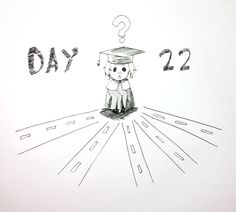 a drawing of a person wearing a graduation cap and gown sitting in front of a question mark