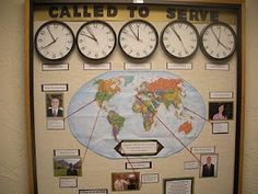 a bulletin board with clocks on it that says called to serve and features pictures of people around the world