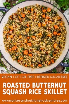 roasted butternut squash rice skillet in a pan with carrots and parsley