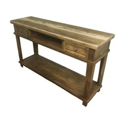 a wooden table with two drawers on one side and an open drawer on the other