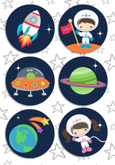 four space themed stickers with astronauts and stars