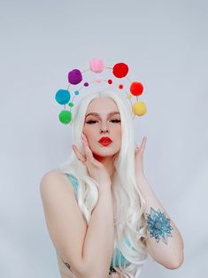 Rainbow Multicoloured Pompom Headdress - Etsy Wire Headpiece, Festival Headdress, Fancy Dress Competition, Forest Festival, Electric Forest Festival, Festival Outfits Women, Easter Bonnet, School Art Projects, Costume Hats