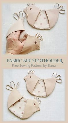 three different pictures of fabric bird potholders with white and pink polka dots on them