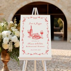 an easel with a sign that says wine and pizza on it next to flowers