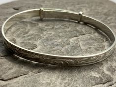 Vintage Solid Sterling Silver Christening Expandable Bangle, Stamped Silver, Internal Diameter 4.8-5.6cm, Width 4mm, Lovely Condition Classic Adjustable Etched Bangle, Adjustable Round Etched Bracelets, Adjustable Etched Round Bracelets, Adjustable Etched Bracelets, Adjustable Etched Round Cuff Bracelet, Adjustable Etched Cuff Bracelet, Adjustable Etched Round Bangle, Adjustable Etched Bangle, Adjustable Engraved Round Bangle