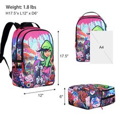 ★【THE PERFECT BOOKBAG FOR TEENAGERS】-School backpack for teen girls in Skateboard Girl theme.Measuring 17.5*12*6 inches,weight 0.80kg.Adjustable soft strap with buckles.Two side sealed zippers pockets.The stationery will be collected in front pocket.Multi pockets backpack for teen girls,makes your item organized and easier to find. ★【SMART DESIGN】-Designer laptop backpack with built in USB charger outside and built in charging cable inside,this usb backpack offers you a more convenient way to ch Trendy Adjustable Backpack For School, Tomboy Kids, Graffiti School, High School Backpack, Skateboard Girl, Backpack For Teens, Computer Backpack, School Backpack, Smart Design