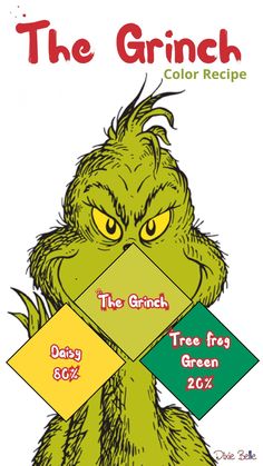 the grinch color recipe is shown with four different labels on it, including one for each