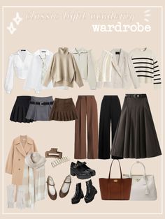 school outfits in style light academy, autumn outfits, school clothes capsule Capsule Wardrobe Light Academia, Light Academia Capsule Wardrobe, Elegant School Outfits, Academia Capsule Wardrobe, Korean Autumn Outfit, Light Academia Aesthetic Outfit, Autumn School