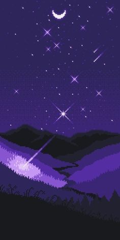 an old pixel style landscape with mountains and stars in the sky