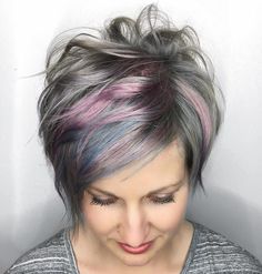 Gray+Long+Pixie+With+Pink+Highlights Olivia Hair, Messy Pixie Haircut, Longer Pixie Haircut, Long Pixie Hairstyles, Messy Pixie, Long Pixie Cuts, Hair Pixie, Pink Highlights, Long Pixie