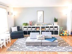 the living room is clean and ready to be used for children's playrooms