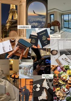 a collage of photos with people and their laptops in front of the eiffel tower