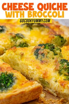 broccoli and cheese quiche with text overlay