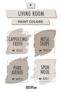 the words living room paint colors are shown in four different styles, including brown and white