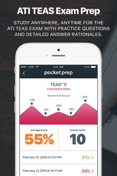 the pocket prep app on an iphone with text reading, exam prep and percentages