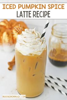 an iced pumpkin spice latte recipe in a mason jar with a black and white striped straw