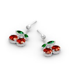 Fashion takes a fruity edge with these cherry drop earrings! Thoughtful use has been made of red and green stones for a realistic look. Cherries have been praised for thousands of years by Japanese for their beauty and taste. This season, fruit jewelry has taken high stage. Unlike actual cherries, these earrings with simple and classic design will never go out of season!Carat Weight: 4.22 ctStone Size: 1.2,2.2,5,3*6 mmStone Type: Jeulia® StoneNumber of Stones: 30 Stone Shape: Round, BaguetteSton Trendy Cherry Earrings At Cheap Price, Cheap Cherry Earrings, Red Fruit Design Drop Earrings, Cute Cheap Cherry-colored Earrings, Trendy Cherry-colored Earrings, Cherry Drop Earrings, Fruit Jewelry, Summer Fruit, Green Stone