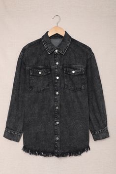 Black Pocket Raw Hem Buttoned Denim Jacket Denim Pocket, Acid Wash Denim, Sleeves Clothing, Black Denim Jacket, Denim Jackets, Acid Wash, Denim Fabric, Fall Autumn, Denim Shirt