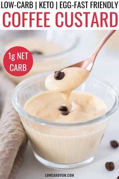 coffee custard in a small glass bowl with a spoon sticking out of it