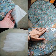 four pictures showing how to make a quilt with tissue paper and fabric, including the hand on top