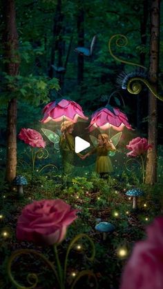 a fairy scene with pink flowers and an umbrella in the middle of the forest, surrounded by lights