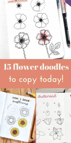 flower doodles to copy today with the title overlay that reads 15 flower doodles to copy today