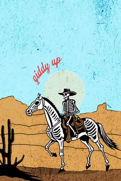 a skeleton riding on the back of a white horse next to a saguada