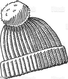 a black and white drawing of a knitted hat with a pom - pom