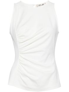 ivory white stretch-design draped design single rear button fastening keyhole detail to the rear crew neck fitted waistline sleeveless straight hem Elegant Ruched Stretch Tank Top, Sleeveless Elastane Top With Ruched Back, Sleeveless Ruched Back Top, White Sleeveless Ruched Top, Elegant Elastane Tank Top, White Ruched Sleeveless Top, Elegant Fitted White Tank Top, Elegant White Fitted Tank Top, White Sleeveless Elastane Tank Top