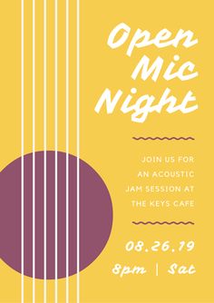 an open mic night poster with the words open mic night written in white and purple