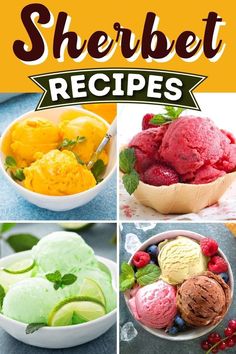 several pictures of different types of ice creams and desserts with the words, sherbet recipes