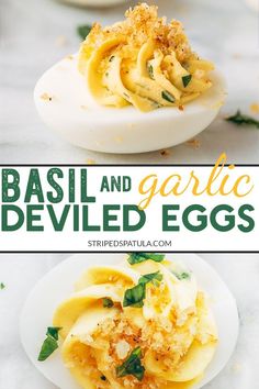 an image of deviled eggs with basil and garlic on them in white bowls, ready to be eaten