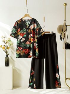 Plus Size Women's Printed Short Sleeve Top And Long Pants Set Black Boho    Tropical,Plants  Non-Stretch  Women Plus Clothing, size features are:Bust: ,Length: ,Sleeve Length: Boho Tropical, Black Boho, Night Suit, Co Ords, Tropical Plants, Long Pants, Short Sleeve Top, Pretty Dresses