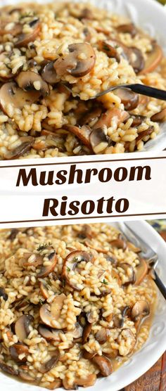 mushroom risotto in a white bowl on a wooden table with text overlay